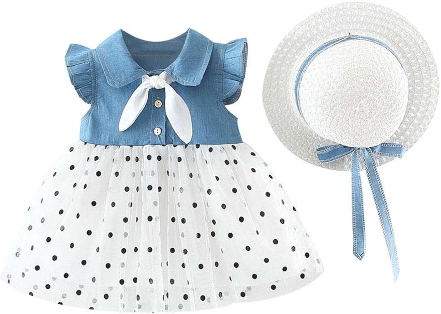 Baby Girls Polka Dot Outfit Denim Patchwork Tulle Dress with Sun Hat Princess Birthday Hawaiia\ud... | Amazon (US)