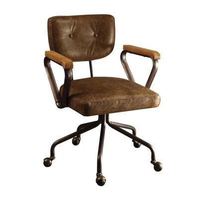 Vintage Office Chair With Swivel Seat, Tilt , Top Grain Leather Cushion, Nailhead Trim, 5 - Star Metal Base , Wooden Armrest Frame, Depth, 220lbs Weig | Wayfair North America