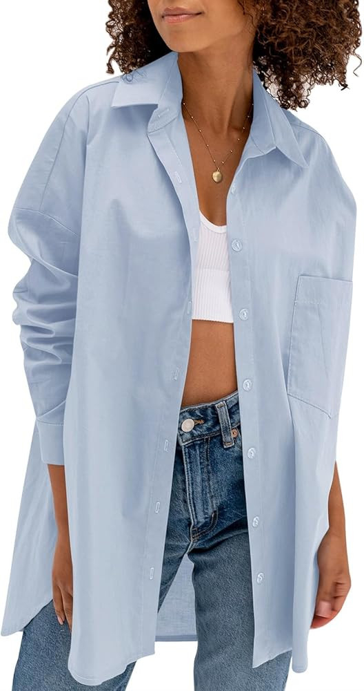 Tankaneo Women Oversized Button Down Shirts Long Sleeve Boyfriend Dress Blouse with Pocket | Amazon (US)
