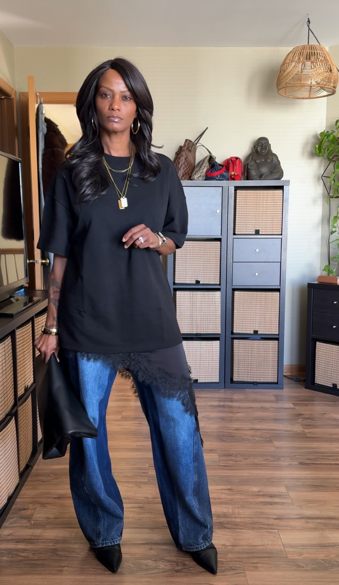 In love….. top a small, slip dress a medium, jeans a size 8.

The slip dress is actually too big in my boobs but works perfectly for hips and butt with layering over pants .. 