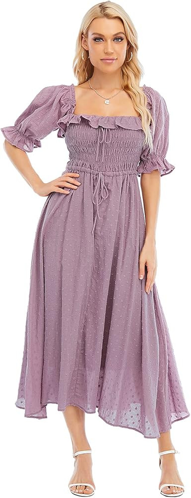 R.YIposha Women Vintage Elastic Square Neck Ruffled Half Sleeve Summer Backless Beach Flowy Maxi Dre | Amazon (US)