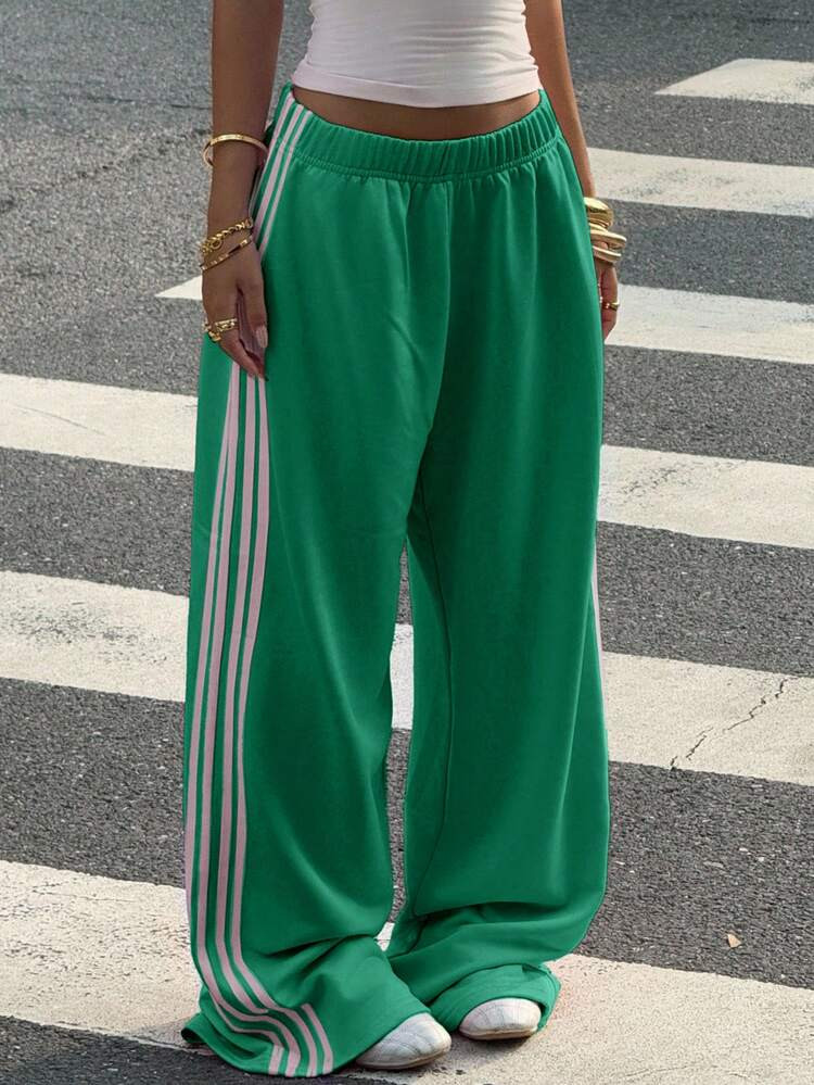 Muchica Olive Green Knit Casual Women's Side Stripe Print Elastic Waist Sweatpants Wide Leg Sweatpants Green Pants For Women Wide Pants Wide Leg Summer Pants Women Wide Leg Pants Women Green Pants Women Wide Leg Sweatpants Green Wide Leg Sweatpants Green Wide Leg Pants For Women | SHEIN