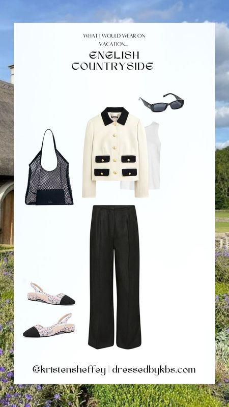 What I would wear to afternoon tea or dinner in the English countryside! I thought this blazer paired with these linen trousers was so chic and made a fun vacation outfit you could wear back home or out and about on a fun trip! 🖤

#LTKTravel #LTKStyleTip