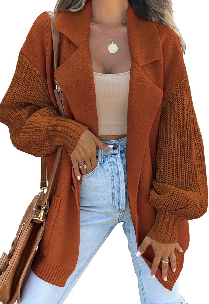 LILLUSORY Women's Long Sleeve Collared Jacket Open Front Knit Cardigan Sweaters 2023 Oversized Sl... | Amazon (US)