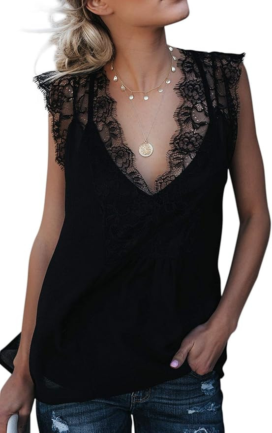 Sidefeel Women Crochet Lace Basic Tank Top Sleeveless Loose Fitting Tunic | Amazon (US)