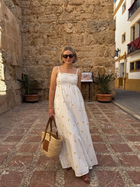 Summer holiday outfit idea - white maxi dress from my Laura Byrnes x Very edit, Loewe basket bag, tan leather sandals & mantra tortoiseshell sunglasses 

#LTKeurope #LTKSeasonal #LTKstyletip