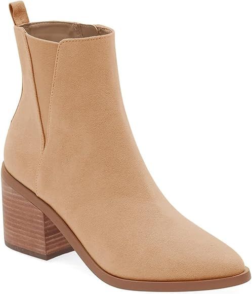 Coutgo Womens Pointed Toe Ankle Boots Chunky Block Stacked Heel Side Zipper Chelsea Fall Booties | Amazon (US)