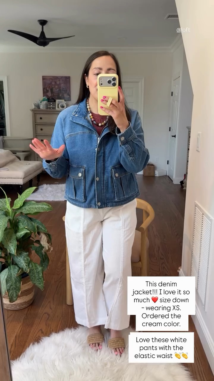 This denim jacket!!! I love it so much ❤️ size down - wearing XS. Ordered the cream color. 

Love these white pants with the elastic waist 👏👏 @loft
