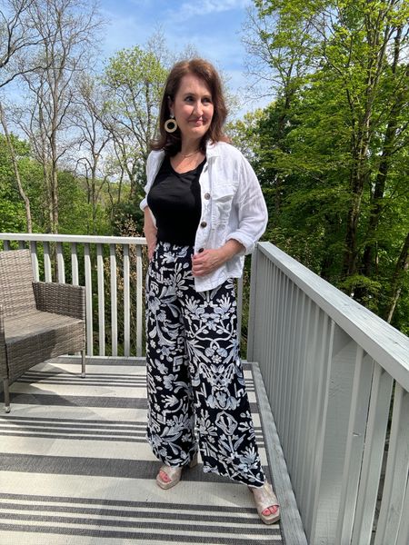 Flowy thin pants for summer. These are old but linked similars. Just pair it with a solid color tank or tee with a linen shirt. I have on an older linen unstructured shirt. 
Code Theresa10 for shoes
Code TheresaP for jewelry at Melinda Maria 

#LTKStyleTip #LTKWorkwear #LTKOver40
