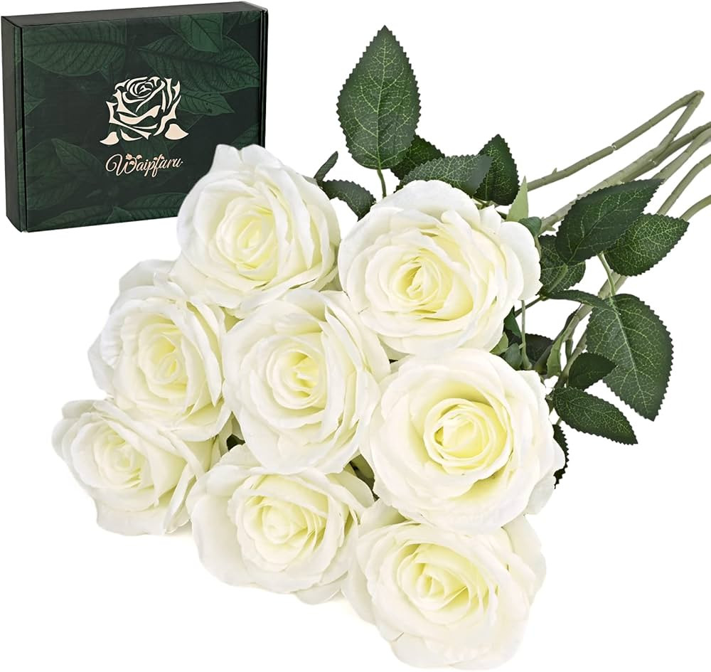 Waipfaru 8 Pcs Fake White Roses Artificial Flowers Bulk, Real Touch Silk Faux Roses with Long Ste... | Amazon (US)