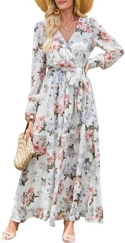 ANRABESS Women’s Long Sleeve Floral Maxi Dress Boho Flowy Wrap Slit V Neck Beach Fall Wedding G... | Amazon (US)