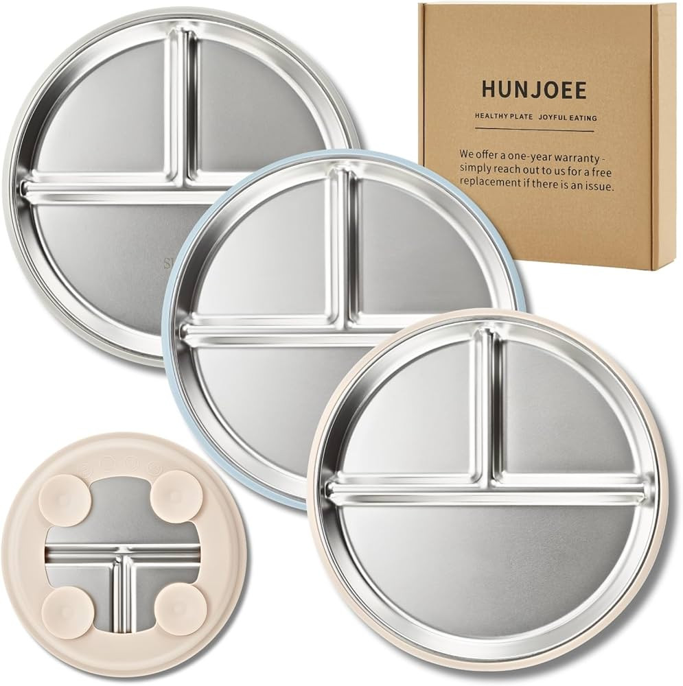 3 Pack Stainless Steel Kids Plates with Suction, Divided Toddler Plates with Silicone Sleeves for... | Amazon (US)
