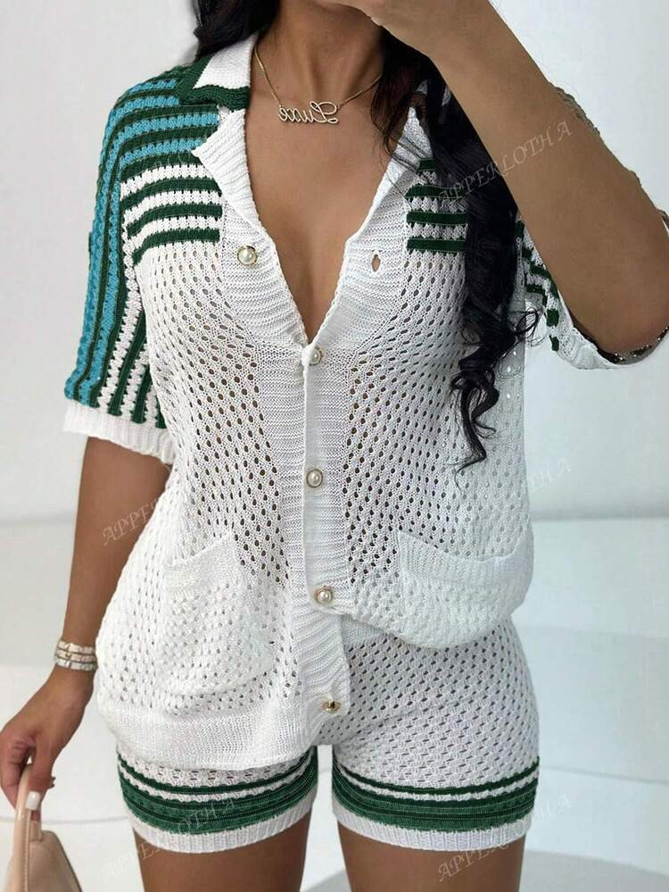 Apperloth A Casual 2Pcs Striped Pattern Button Front Short Sleeve Shirt Knitted Top Blouse Cardigan & Knit Shorts Beach Outfits For Woman | SHEIN