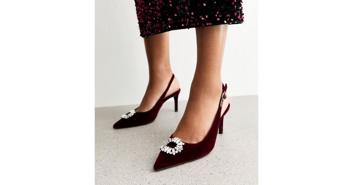 Burgundy Velvet Slingback Diamante Court Shoes | New Look | New Look (UK)