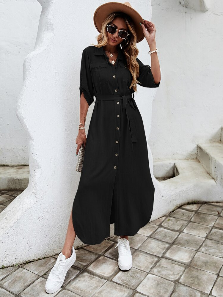 Solid Button Through Belted Denim Dress | SHEIN