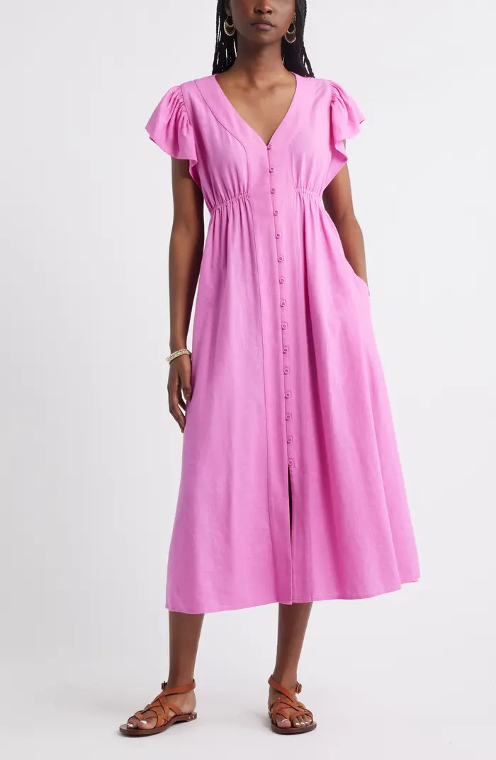 Short Sleeve Button Down Linen Blend Midi Dress | Nordstrom