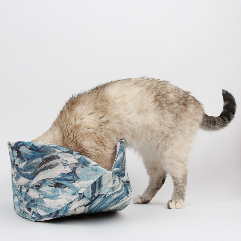 Cat Canoe - Boat Shaped Cat Bed in Blue Eucalyptus Leaves Fabric | Etsy (US)