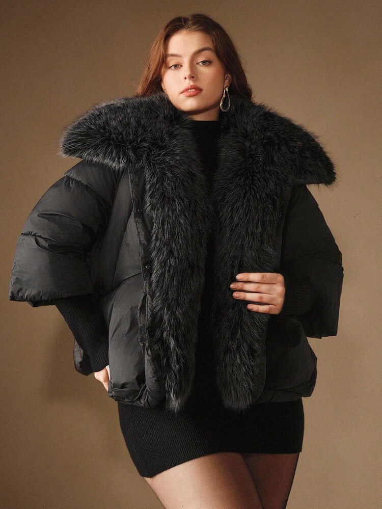 Anewsta Plus Size Women Luxury Faux Fur Collar Knitted Sleeve Thick Jacket, Suitable For Autumn, Fall, Winter, Going Out, Elegant, Formal, Party, Chic, New Year, Women's Winter Coat, Christmas, Work, Graduation | SHEIN