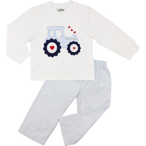 Blue Gingham Valentine Tractor Pant Set | Cecil and Lou