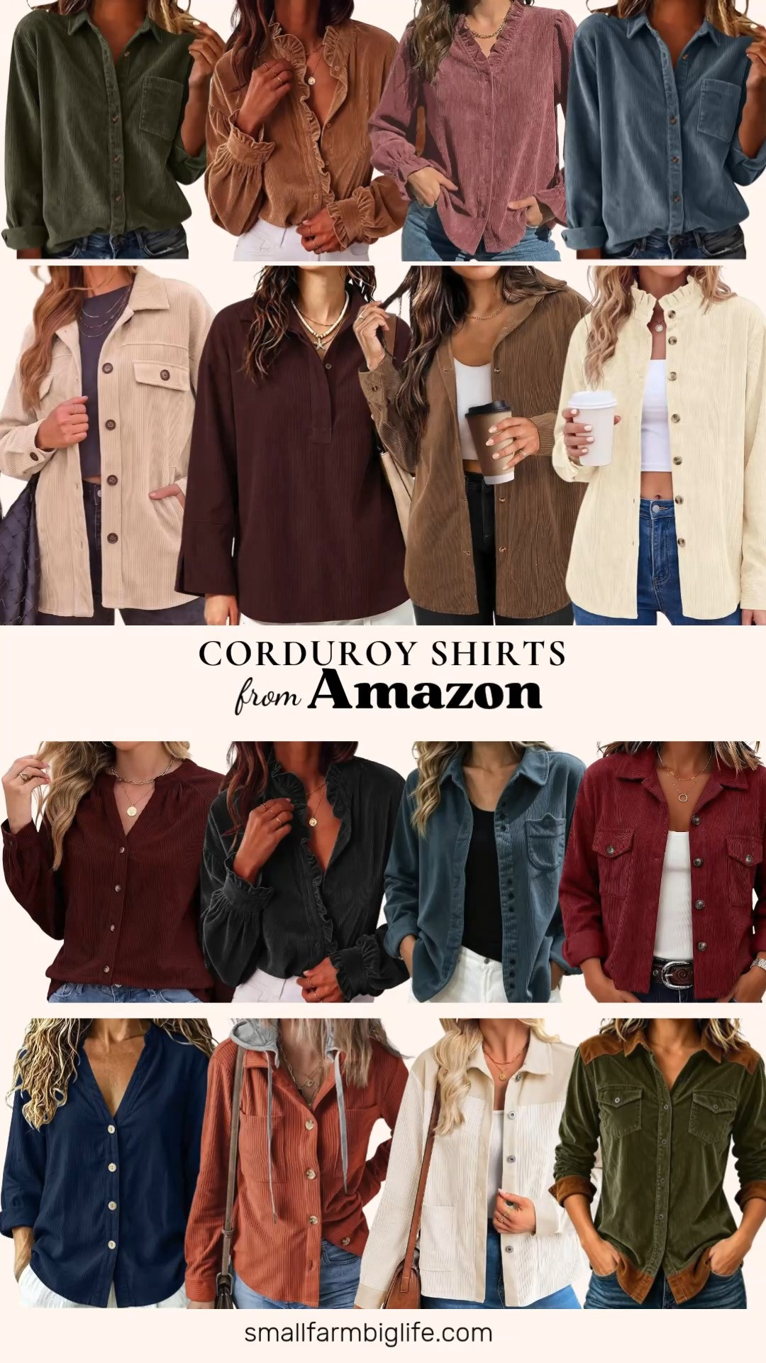 Corduroy Shirts From Amazon 🍂 Corduroy is one of the coziest fall fashion trends, and these Amazon finds come in so many styles and colors. For a dressy casual look, the ruffle corduroy button downs in coffee, black, beige, and mineral red are so pretty with jeans or trousers, and the burgundy corduroy blouse with lace patch detail is perfect for business casual workwear. Oversized corduroy shackets in beige, brown, dusty blue, and cream color block layer beautifully over tees and sweaters, and there's even an orange hooded shacket and a deep red cropped shacket jacket. You'll also find a burgundy half button henley, army green and navy button down shirts, and an olive and cognac patchwork corduroy shirt. These soft, versatile tops make easy fall outfits for work, weekends, and everything in between, perfect for women over 50 and beyond!

#amazonfashion #amazonfinds #corduroy #falloutfits #fallfashion 

 #LTKootd #LTKSeasonal #LTKOver40