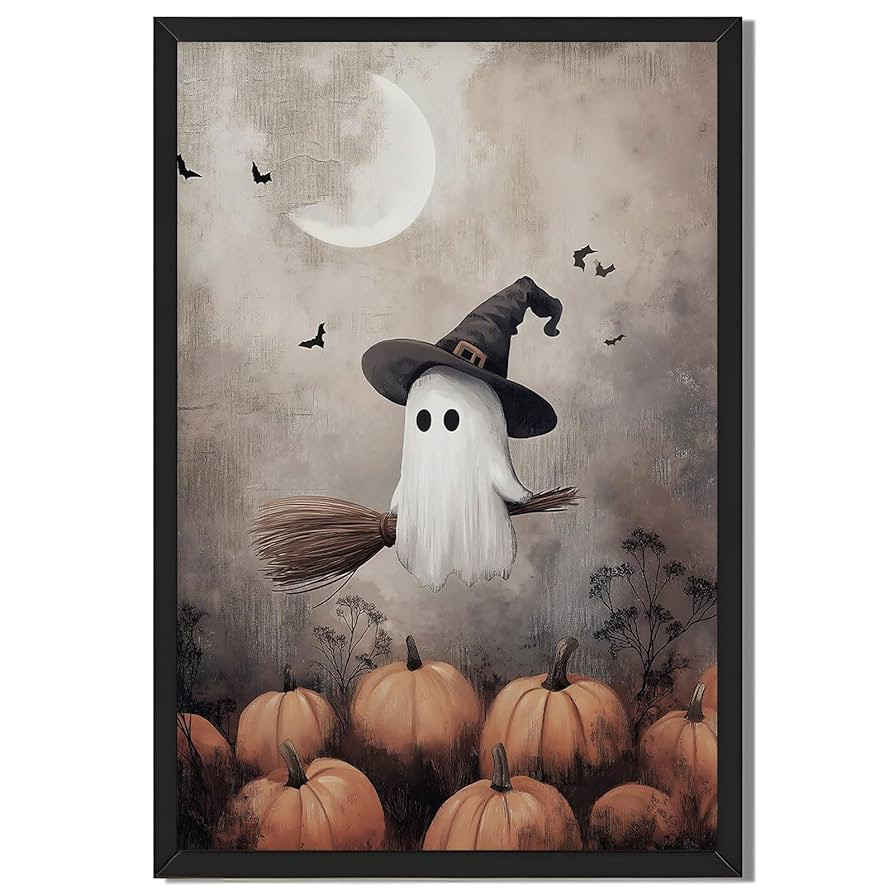 Halloween Ghost Art Print Spooky Witch Ghost Flying on Broomstick Poster with Pumpkins and Bats W... | Amazon (US)