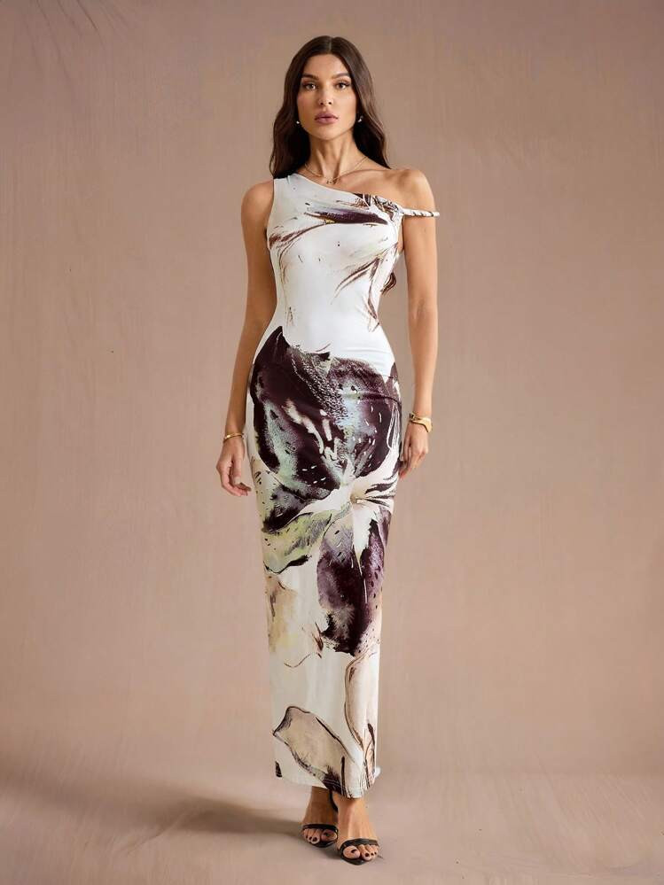 SHEIN Tall Floral Print Vacation Style Elegant Bodycon Asymmetric Open Shoulder Dress For Ladies,... | SHEIN