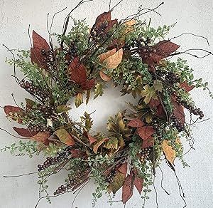 24 Inch Burgundy Berry Wreath Fall Front Door Wreath with Mixed Magnolia Maple Leaves Large Chris... | Amazon (US)