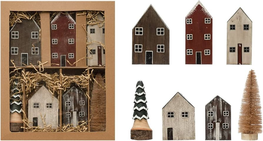 Creative Co-Op Hand-Painted Pine Wood House Village with Sisal and Pine Wood Trees, Multicolor | Amazon (US)