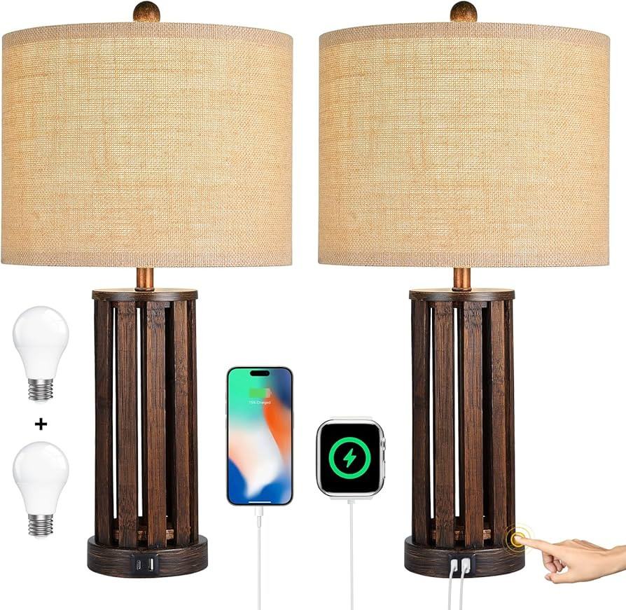 AKASUKI 24 Inch Brown Wood Rustic Bedside Nightstand Lamps for Bedroom, 3 Way Dimmable Touch Cont... | Amazon (US)