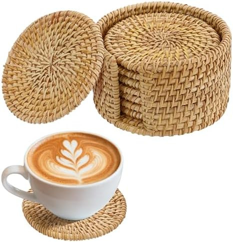 8pcs Natural Handmade Rattan Coasters with Holder - Wicker Drink Coasters Set, Housewarming Gifts... | Amazon (US)