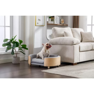 Scandinavian style Elevated Dog Bed Pet Sofa With Solid Wood legs and Bent Wood Back, Velvet Cushion,Mid Size Light Grey | Target