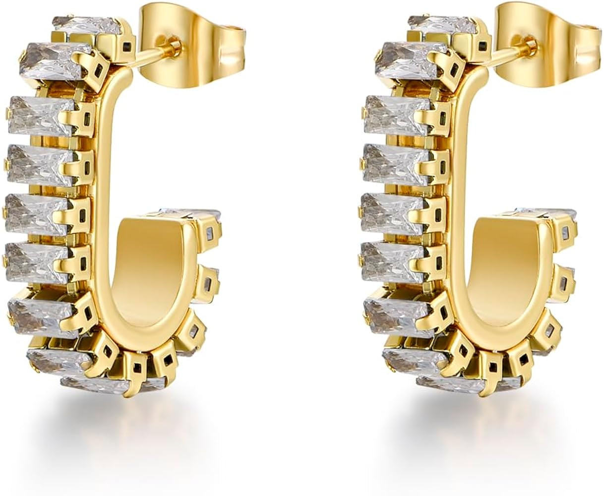 Gold Earrings for Women Girls,14K Gold Plated Hoop Earrings with 925 Sterling Silver Post Cubic Z... | Amazon (US)