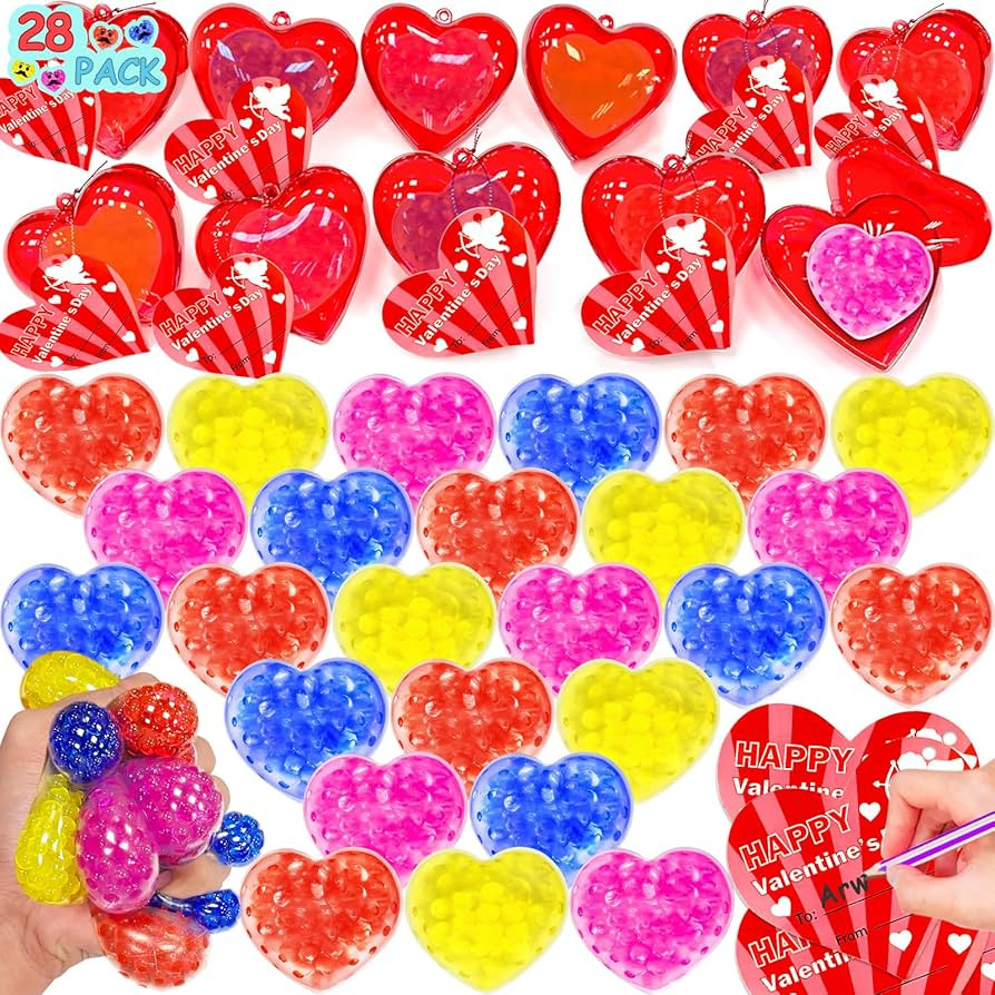 Valentines Day Gifts for Kids- 28 Pack Valentines Cards with Heart Shaped Fidget Stress Balls, Va... | Amazon (US)