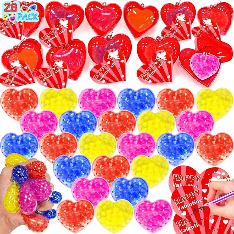 Valentines Day Gifts for Kids- 28 Pack Valentines Cards with Heart Shaped Fidget Stress Balls, Va... | Amazon (US)