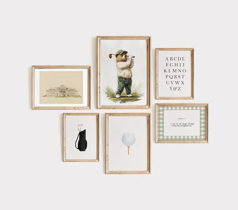 Vintage Golf Teddy Bear Nursery Bible Verse Gallery Wall Art, Sports Playroom Wall Art, Baby Boy ... | Etsy (US)
