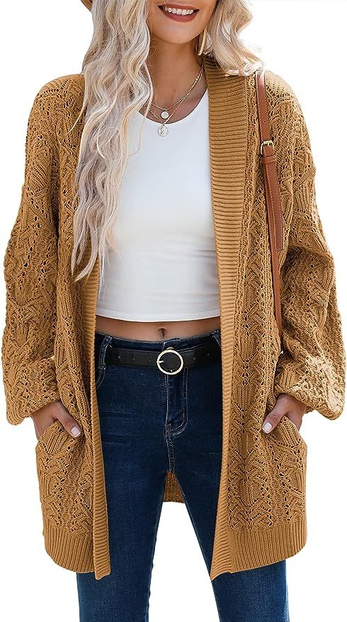 ANRABESS Women's Boho Crochet Cable Knit Open Front Lantern Long Sleeve Oversized Cardigan Sweate... | Amazon (US)