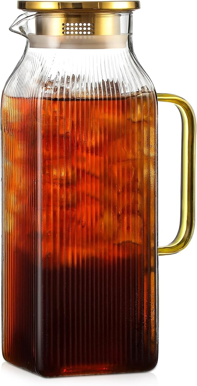 2 Liter/68 oz Square Glass Pitcher with Lid, Classic Stripes Water Pitchers with Handle for Fridg... | Amazon (US)