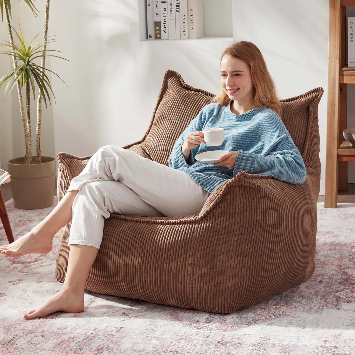 Modern Compression 39"W Oversized Corduroy Bean Bag Chair Filled with Memory Sponge | Wayfair North America
