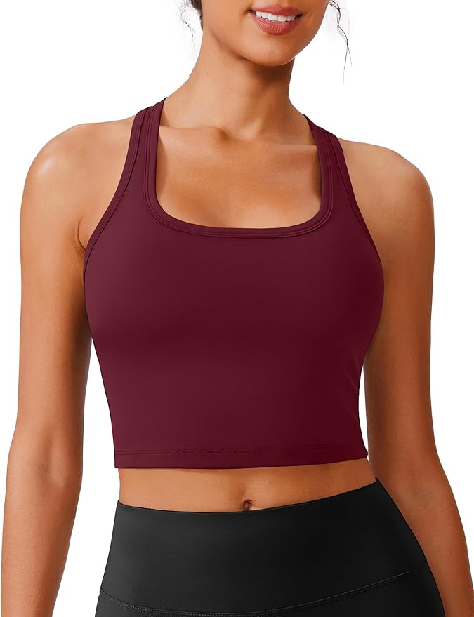 PINSPARK Racerback Crop Tank Tops for Women Longline Padded Sports Bra Scoop Neck Workout Yoga To... | Amazon (US)