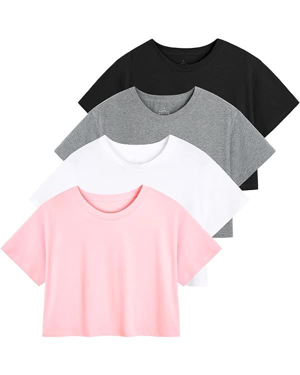 Cosy Pyro 4-Pack Women's Cotton Crop T-Shirts Short Sleeve Solid Cropped Athletic Top Round Neck ... | Amazon (US)