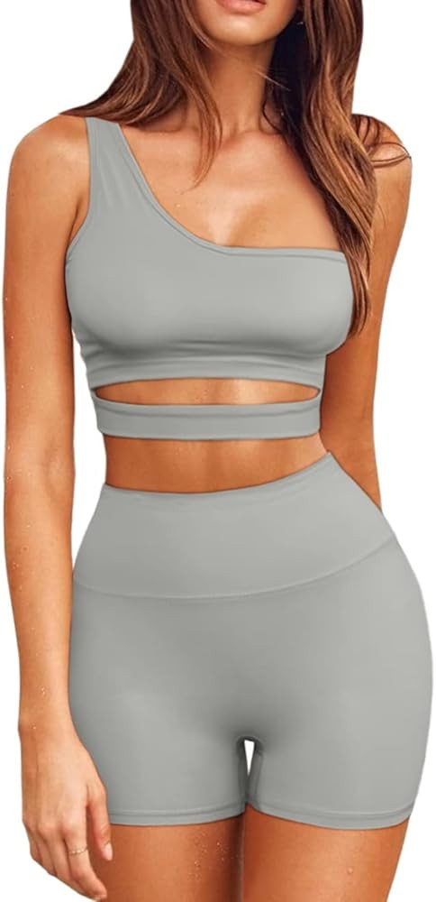 QINSEN 2 Piece Workout Outfits for Women One Shoulder Coutout Sport Bra High Waist Yoga Shorts Se... | Amazon (US)