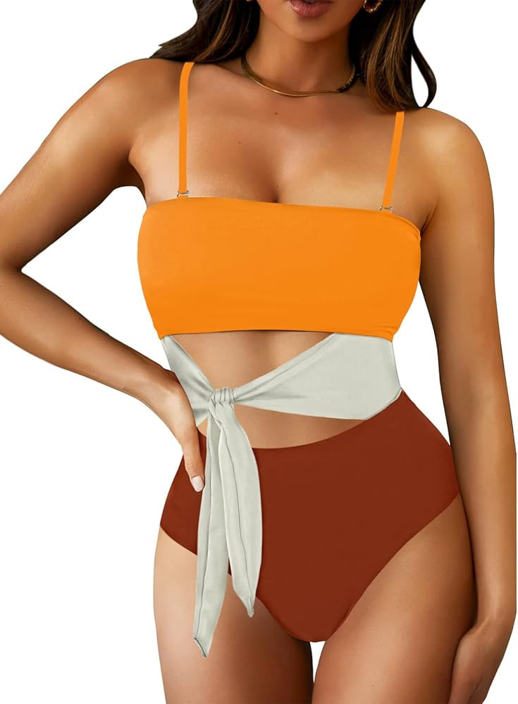 Pink Queen Women Bandeau One Piece Swimsuit Removable Strap Cutout Tie High Waist Bathing Suit Mo... | Amazon (US)