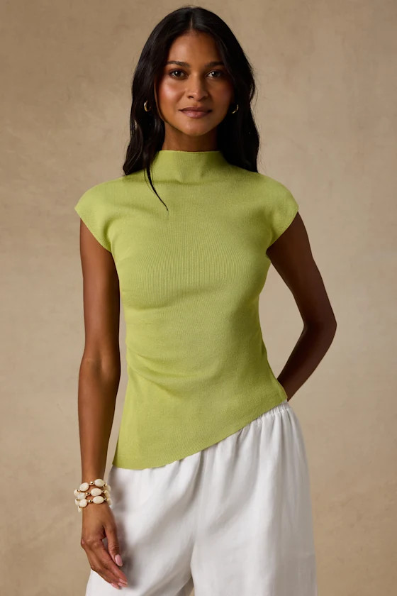 Terry Lime Green Mock Neck Asymmetrical Sweater Top | Lulus