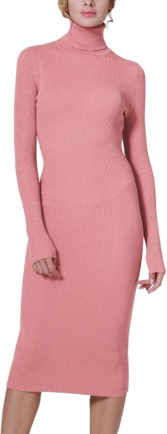 Rocorose Women's Turtleneck Ribbed Elbow Long Sleeve Knit Sweater Dress | Amazon (US)