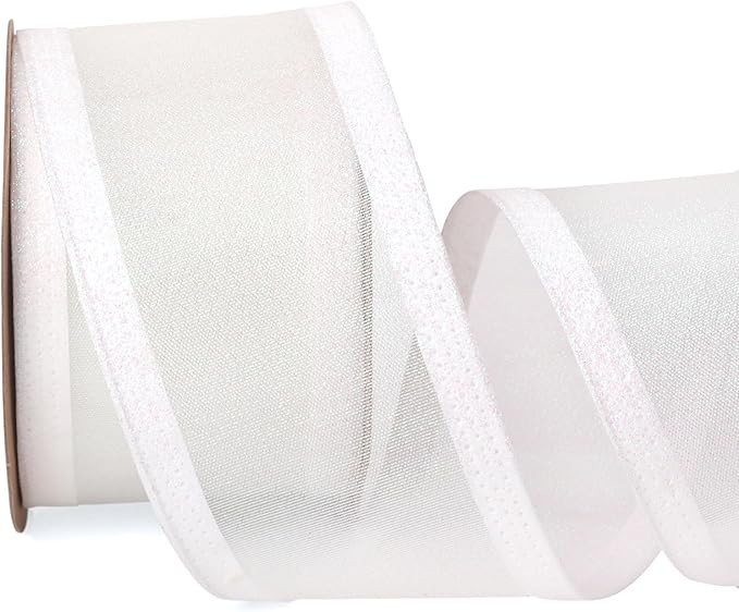 Ribbli White Iridescent Christmas Wired Ribbon, Metallic Wired Ribbon with Glitter Edge 2-1/2 Inc... | Amazon (US)