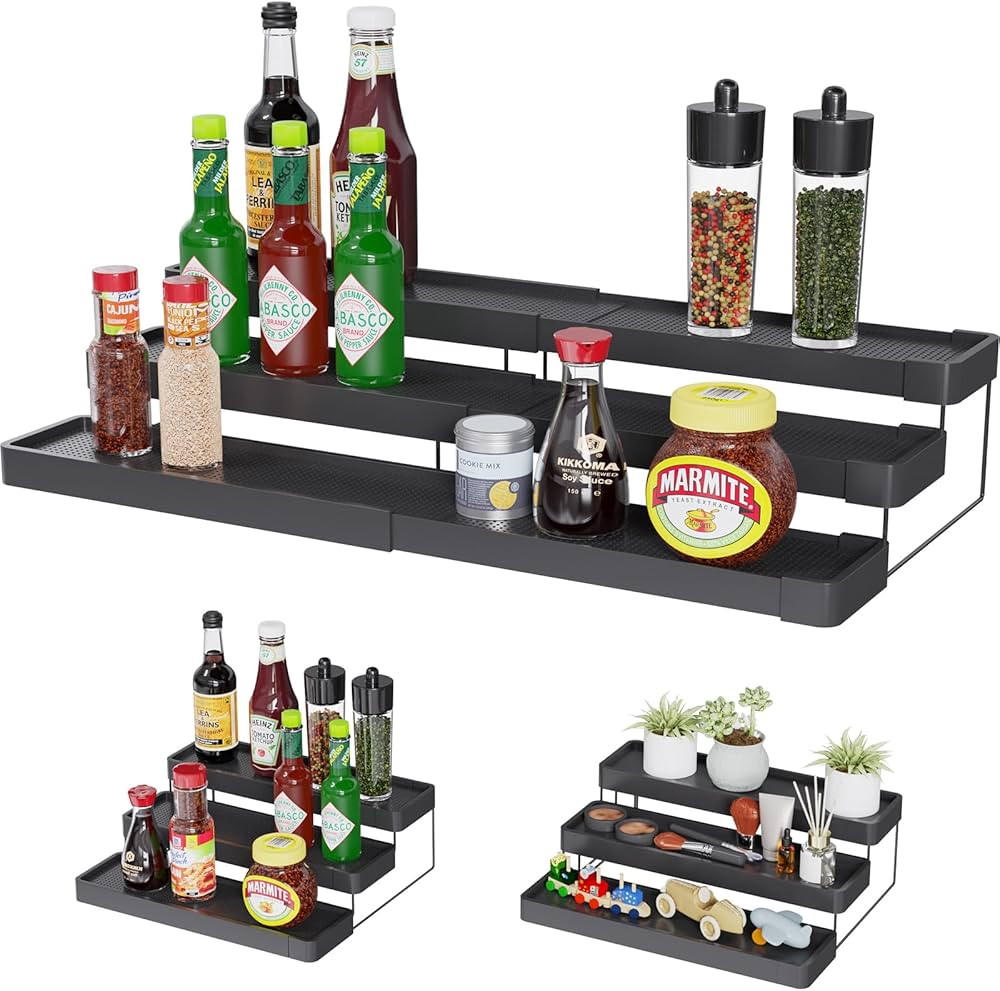 3-Tier Plastic Black Spice Rack Organizer for Cabinet, Easy Visibility, Adjustable Width, 3-Tier ... | Amazon (US)