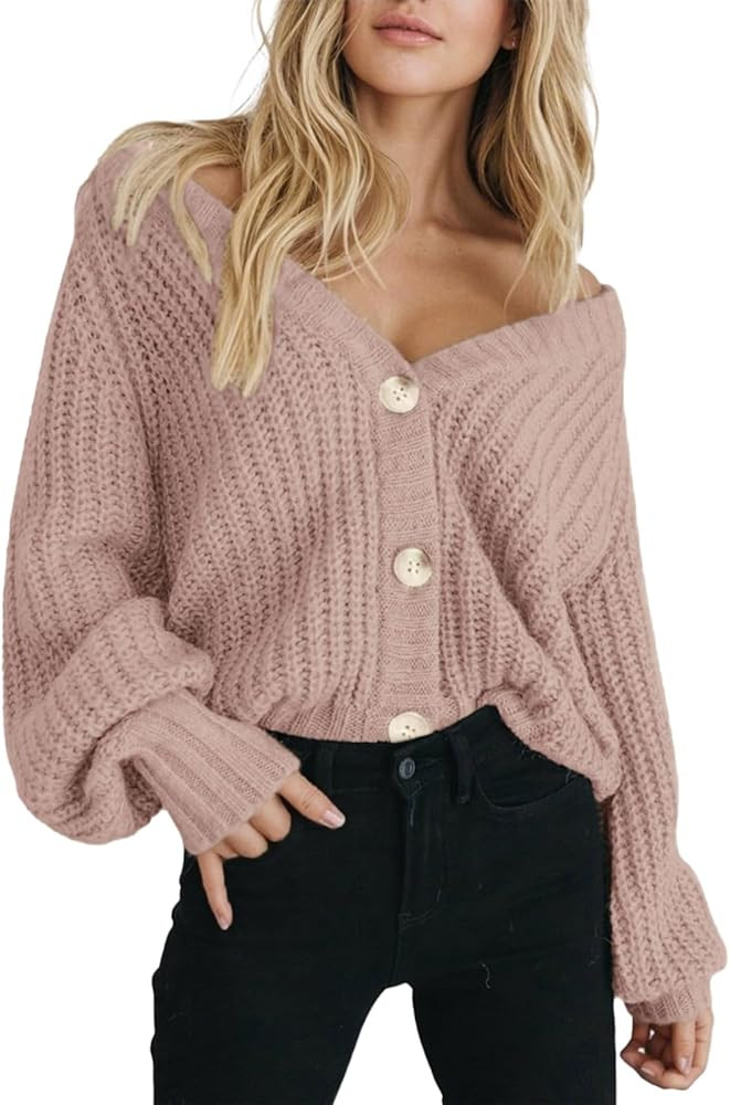 Women's Chunky Cardigan V-Neck Open Front Sweater Long Sleeve Knit Sweater Loose Casual Button Ou... | Amazon (US)