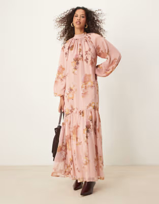 ASOS DESIGN smock tie bow back maxi dress in pink blurred floral print | ASOS | ASOS (Global)