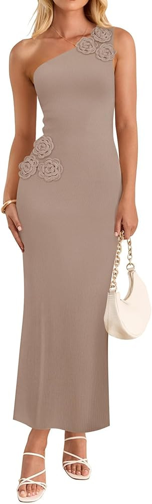 ZESICA Women's 2025 Summer One Shoulder Sleeveless Maxi Dress Casual Floral Ribbed Knit Backless ... | Amazon (US)