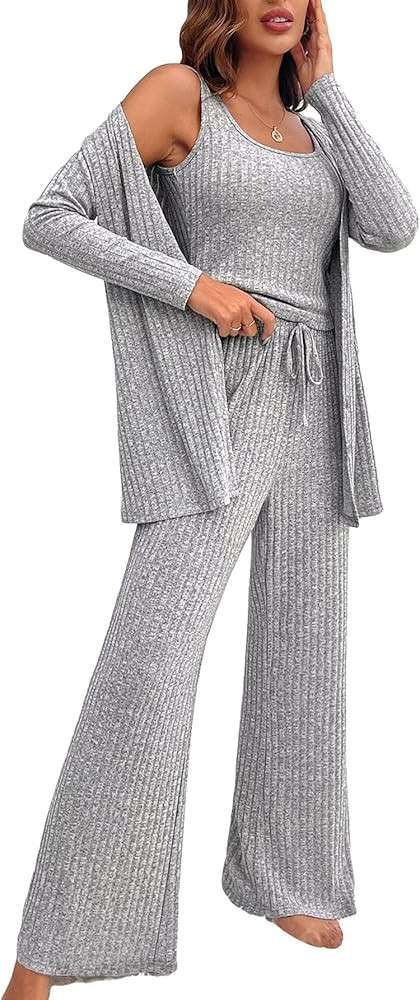 MakeMeChic Women's Lounge Sets 3 Piece Pajamas Set Open Front Cardigan Tank Tops Pants Loungewear... | Amazon (US)